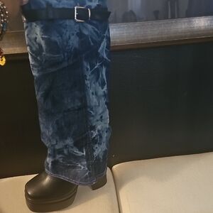 Womens Blue Tie-Dye Jean Style Platform Boots